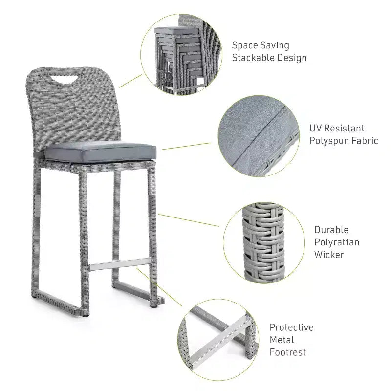Greemotion 6pc Cyprus Outdoor Bar Height Stackable Armless Patio Chairs Gray: UV-Resistant, All-Weather, Aluminum Frame