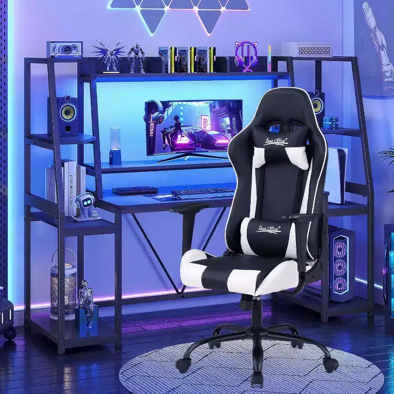 BestMassage Gaming Chair Office Chair with Lumbar Support Headrest Armrests and Rolling Swivel Computer Chair for PC Gamer