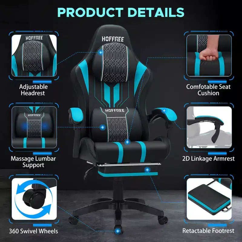 Hoffree Extra Large Massage Gaming Chair Ergonomic Office PC Chair with Footrest & Adjustable