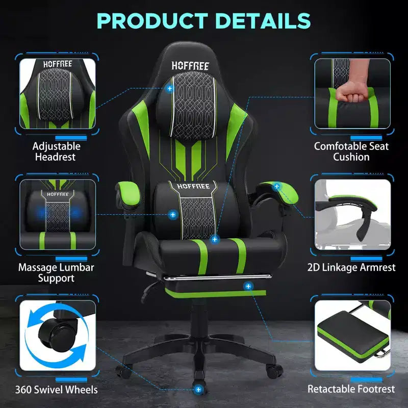 Hoffree Extra Large Massage Gaming Chair Ergonomic Office PC Chair with Footrest & Adjustable
