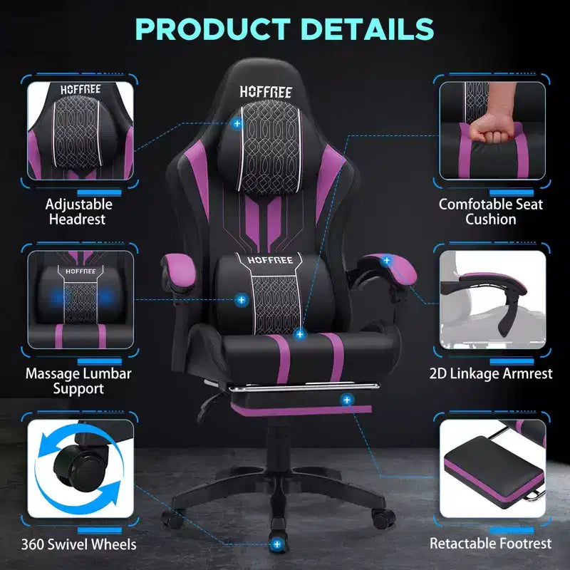 Hoffree Extra Large Massage Gaming Chair Ergonomic Office PC Chair with Footrest & Adjustable