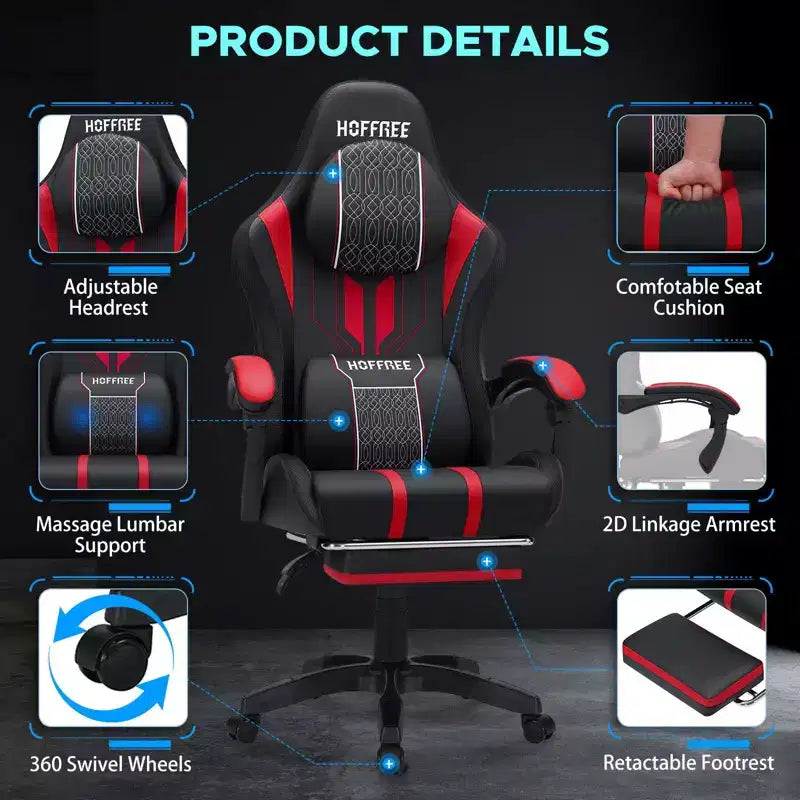 Hoffree Extra Large Massage Gaming Chair Ergonomic Office PC Chair with Footrest & Adjustable