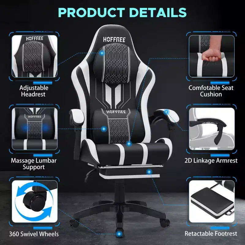 Hoffree Extra Large Massage Gaming Chair Ergonomic Office PC Chair with Footrest & Adjustable