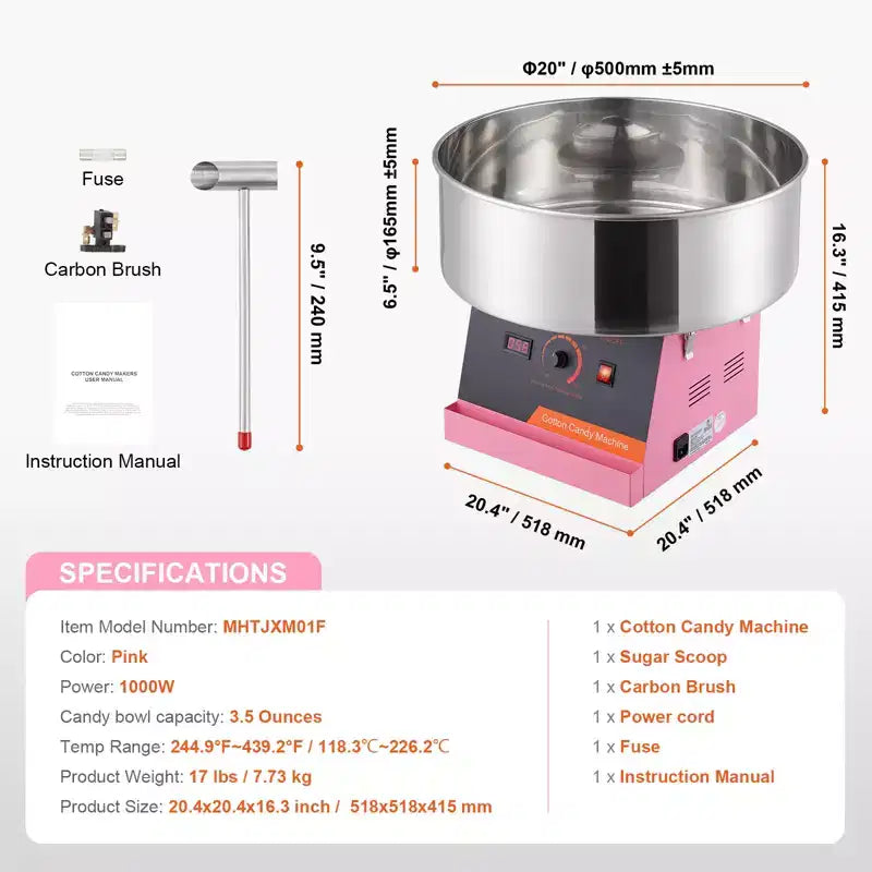 VEVOR Electric Cotton Candy Machine, 1000W Candy Floss Maker, Commercial Cotton Candy Machine with Stainless Steel Bowl, and Sugar Scoop