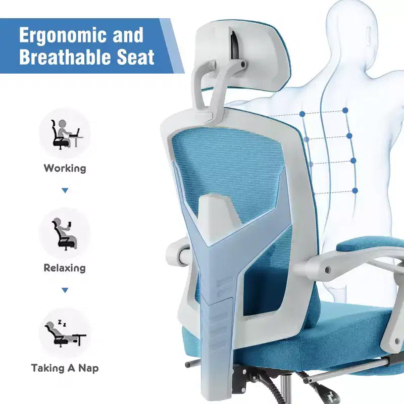 Chaise de jeu ergonomique en maille JIONJOY avec repose-pieds – Inclinaison de 90 à 135°, support lombaire et appui-tête réglables