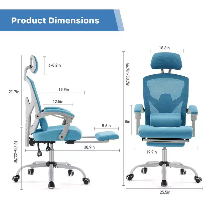 Chaise de jeu ergonomique en maille JIONJOY avec repose-pieds – Inclinaison de 90 à 135°, support lombaire et appui-tête réglables