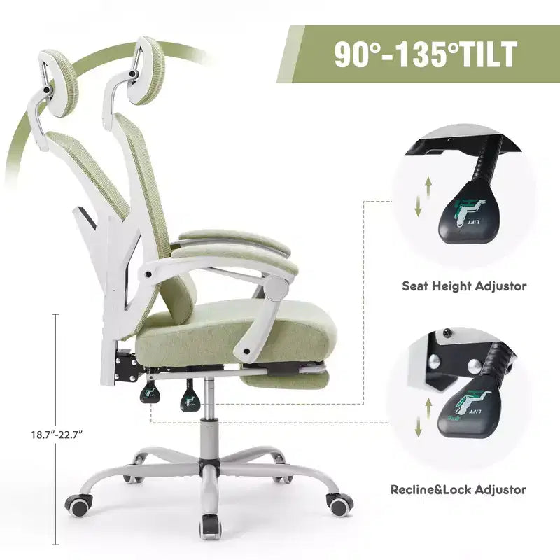 Chaise de jeu ergonomique en maille JIONJOY avec repose-pieds – Inclinaison de 90 à 135°, support lombaire et appui-tête réglables