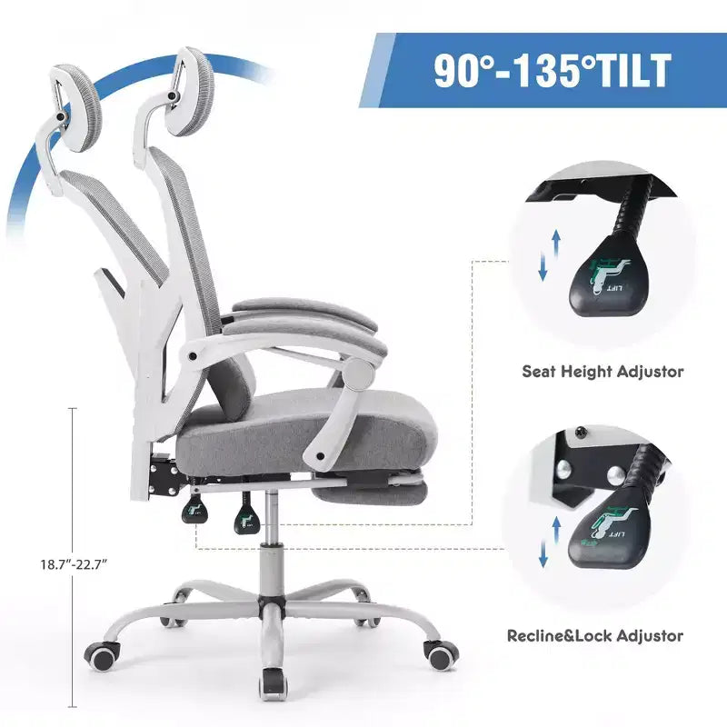 Chaise de jeu ergonomique en maille JIONJOY avec repose-pieds – Inclinaison de 90 à 135°, support lombaire et appui-tête réglables