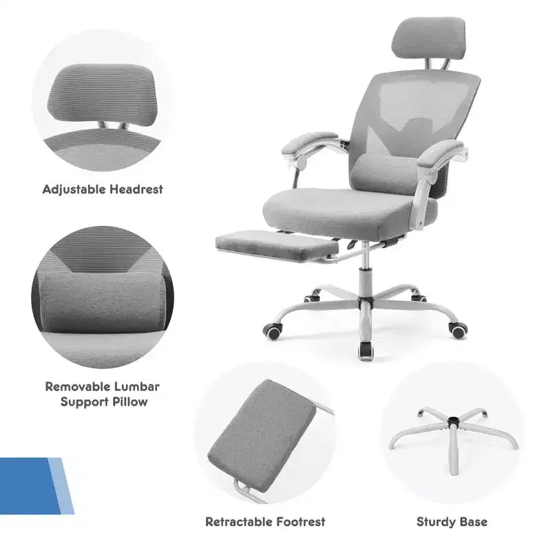 Chaise de jeu ergonomique en maille JIONJOY avec repose-pieds – Inclinaison de 90 à 135°, support lombaire et appui-tête réglables