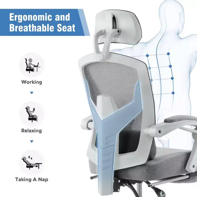 Chaise de jeu ergonomique en maille JIONJOY avec repose-pieds – Inclinaison de 90 à 135°, support lombaire et appui-tête réglables