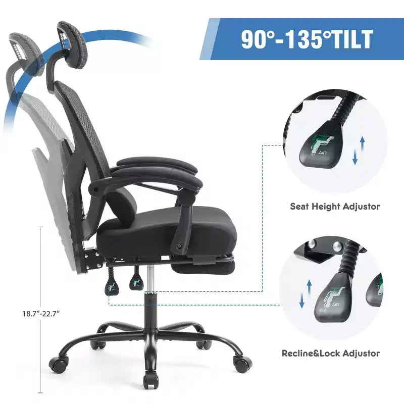 Chaise de jeu ergonomique en maille JIONJOY avec repose-pieds – Inclinaison de 90 à 135°, support lombaire et appui-tête réglables