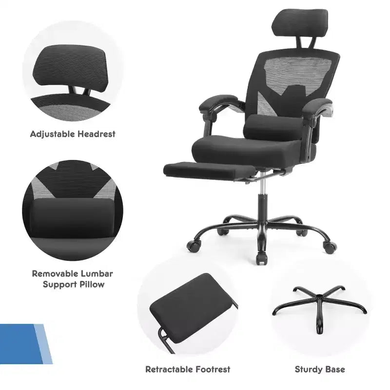 Chaise de jeu ergonomique en maille JIONJOY avec repose-pieds – Inclinaison de 90 à 135°, support lombaire et appui-tête réglables