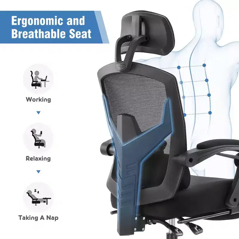 Chaise de jeu ergonomique en maille JIONJOY avec repose-pieds – Inclinaison de 90 à 135°, support lombaire et appui-tête réglables