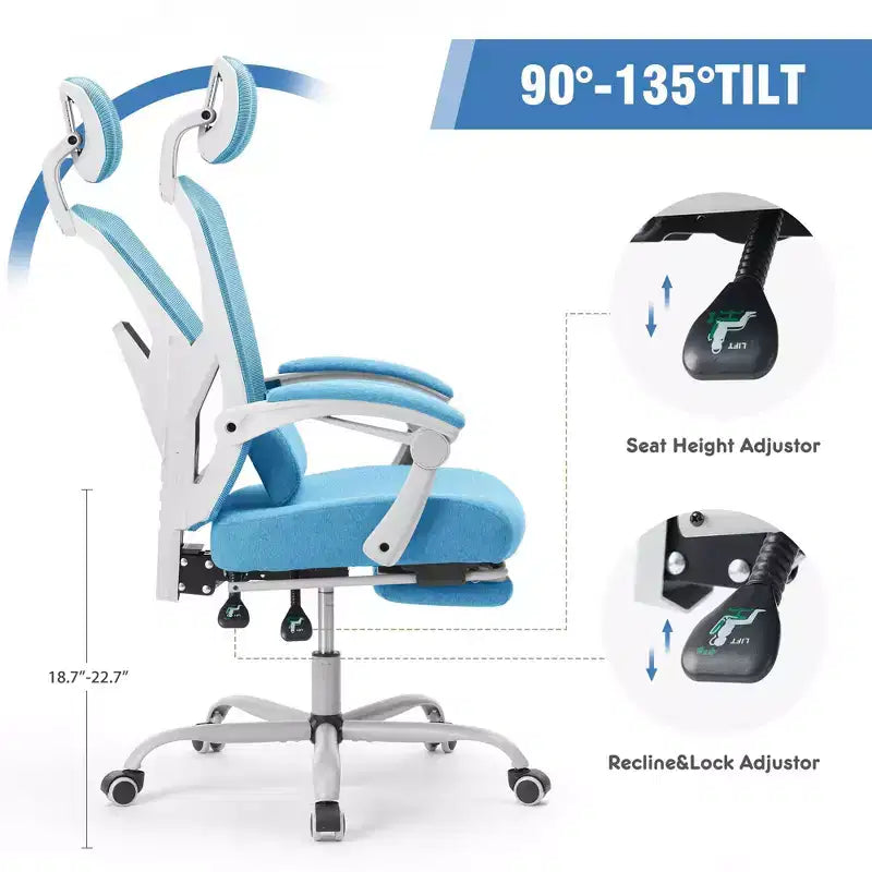 Chaise de jeu ergonomique en maille JIONJOY avec repose-pieds – Inclinaison de 90 à 135°, support lombaire et appui-tête réglables