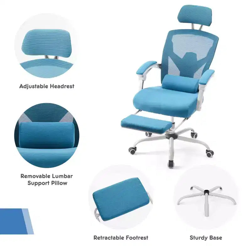 Chaise de jeu ergonomique en maille JIONJOY avec repose-pieds – Inclinaison de 90 à 135°, support lombaire et appui-tête réglables
