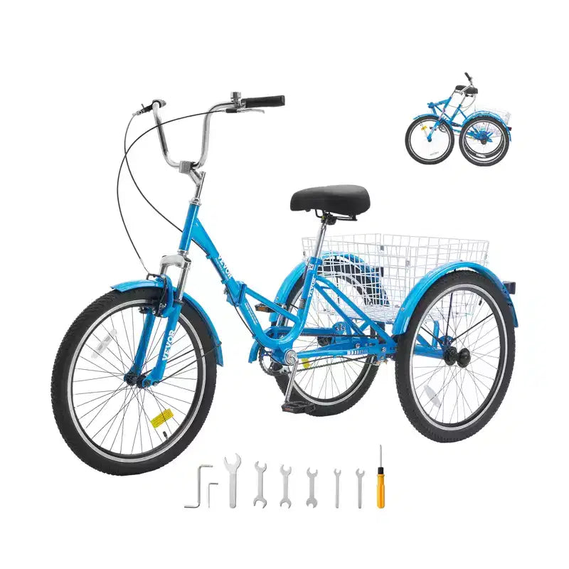 VEVOR Folding Adult Tricycle, 26-Inch Adult Folding Trikes, Carbon Steel 3 Wheel Cruiser Bike with Large Basket & Adjustable Seat