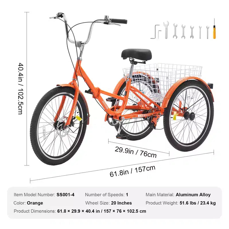 VEVOR Folding Adult Tricycle, 20-Inch Adult Folding Trikes, Lightweight Aluminum Alloy 3 Wheel Cruiser Bike with Large Rear Basket