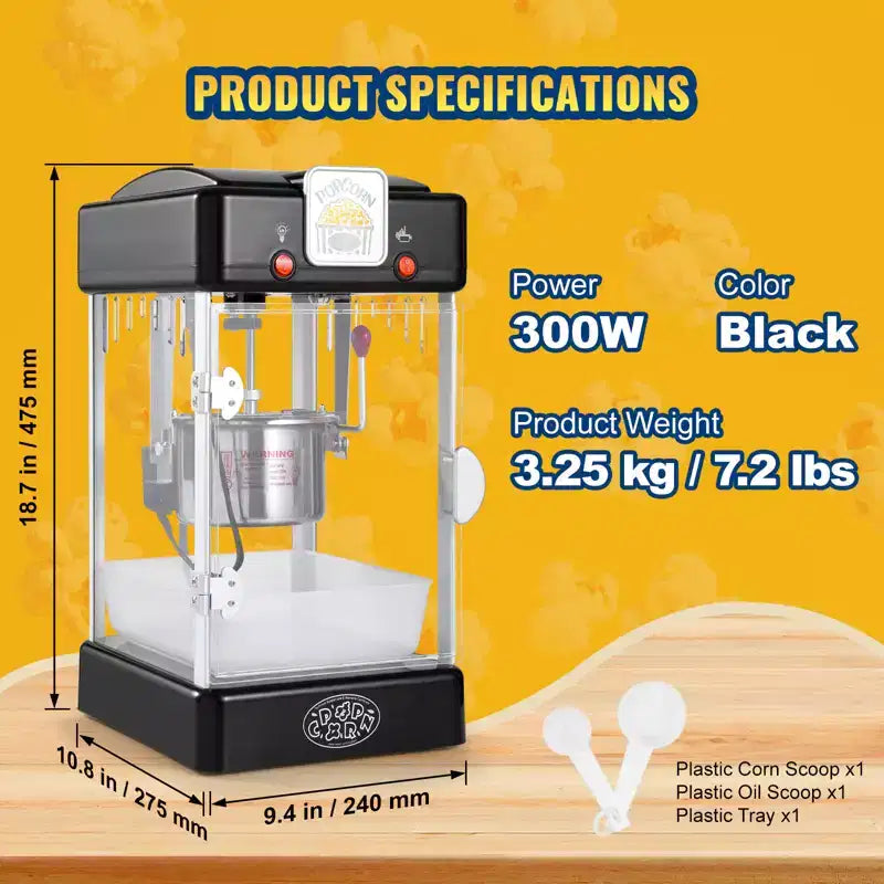 Machine à pop-corn VEVOR, machine à pop-corn 300 W, bouilloire 2,5 oz produisant 4 pintes par lot, machine à pop-corn de table avec porte en PP, comprend 2 cuillères, noir