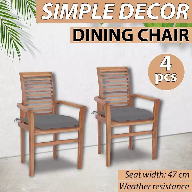 vidaXL Solid Teak Wood Dining Chairs - Set of 4 with Gray Cushions, Comfortable Design, Ideal for Patio, Garden or Dining Room, Stackable for Storage