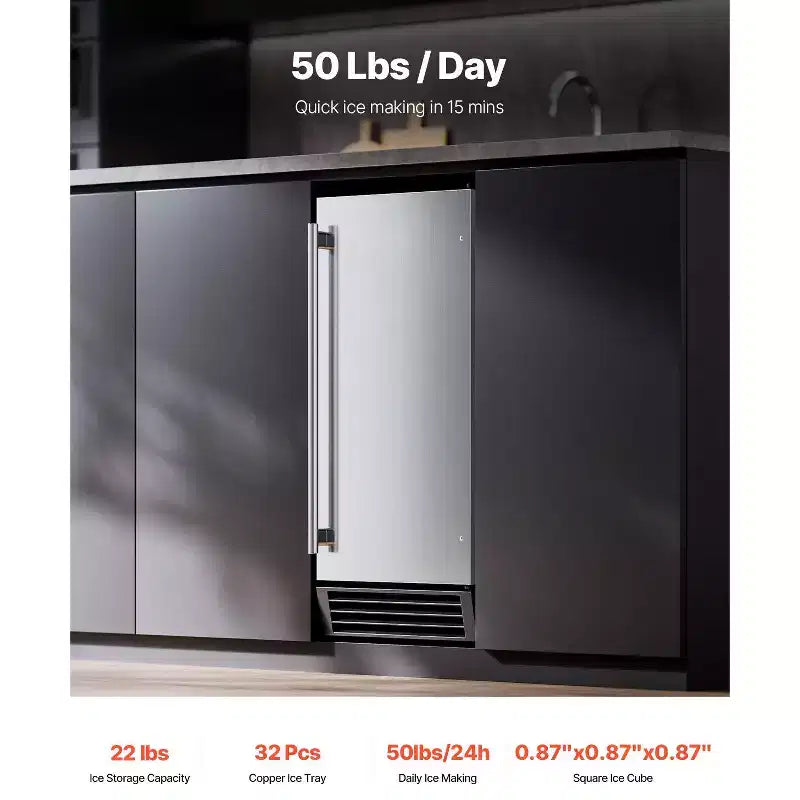 VEVOR Undercounter Built-in Ice Maker, 50 Lbs/Day Under Counter Ice Maker Machine with Drain Pump Reversible Door Stainless Steel, Gray