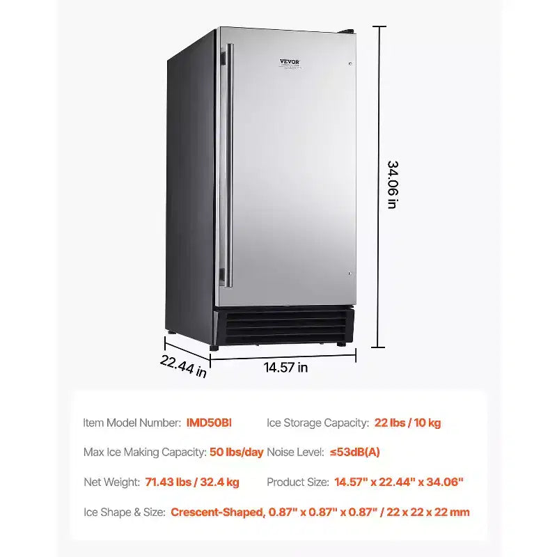 VEVOR Undercounter Built-in Ice Maker, 50 Lbs/Day Under Counter Ice Maker Machine with Drain Pump Reversible Door Stainless Steel, Gray