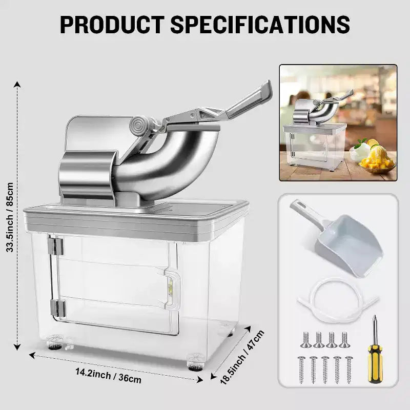 Denjol 1200 oz. Stainless Steel Commercial Ice Crusher, Dual Blades Snow Cone Machine, ETL Approved Heavy Duty