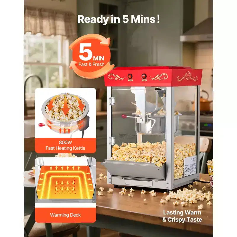 VEVOR Popcorn Machine, 8oz Stainless Steel Kettle, 800W Commercial Countertop Popcorn Maker, 48 Cups per Batch Theater Style Popper, Red