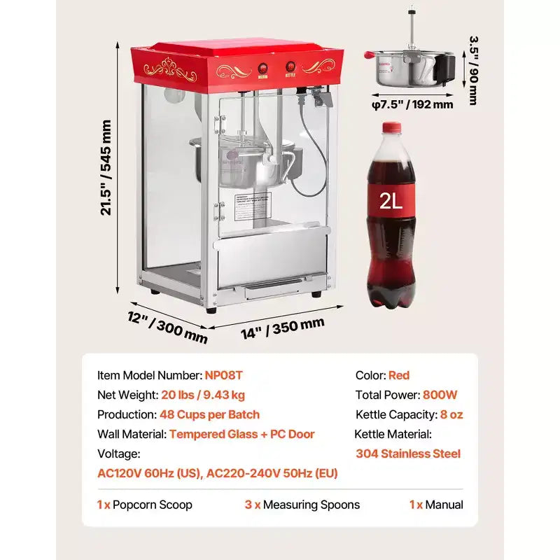 VEVOR Popcorn Machine, 8oz Stainless Steel Kettle, 800W Commercial Countertop Popcorn Maker, 48 Cups per Batch Theater Style Popper, Red