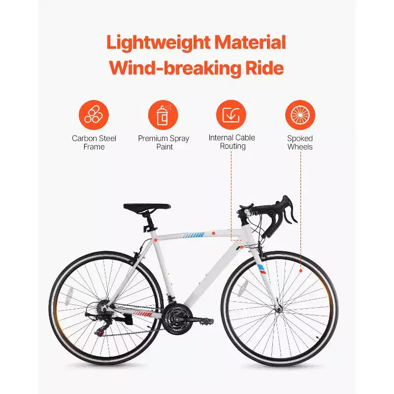 VEVOR Road Bike, 700C Wheels Racing Bike, SHIMANO 21 Speeds Drivetrain City Commuter Road Bicycle with Carbon Steel Frame, White