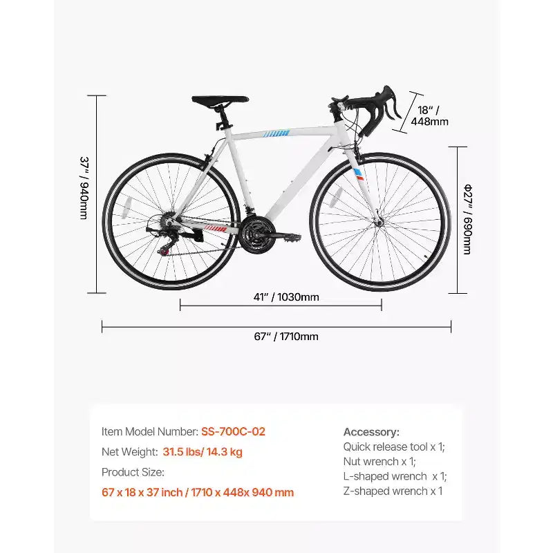 VEVOR Road Bike, 700C Wheels Racing Bike, SHIMANO 21 Speeds Drivetrain City Commuter Road Bicycle with Carbon Steel Frame, White