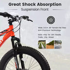 NAYSAYE Vélo VTT à Gros Pneus 24 Pouces avec Dérailleur 7 Vitesses et Double Frein à Disque pour Adultes et Adolescents, Orange, 67*25*40