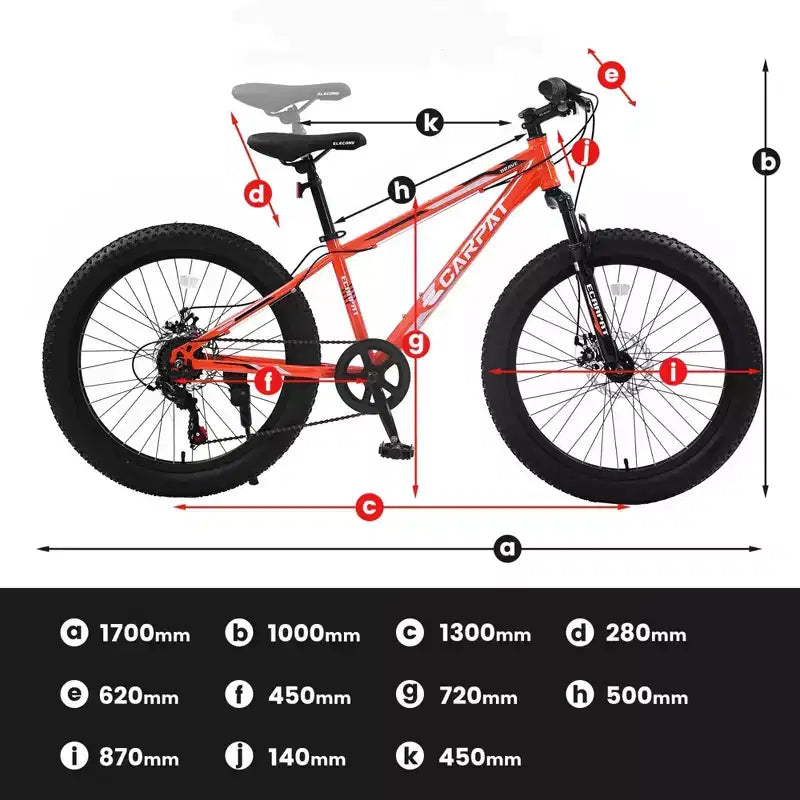 NAYSAYE Vélo VTT à Gros Pneus 24 Pouces avec Dérailleur 7 Vitesses et Double Frein à Disque pour Adultes et Adolescents, Orange, 67*25*40
