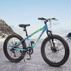 NAYSAYE Vélo VTT à Pneus Larges 24 Pouces avec Dérailleur 7 Vitesses et Double Frein à Disque pour Adultes et Adolescents, Bleu et Vert, 67*25*40
