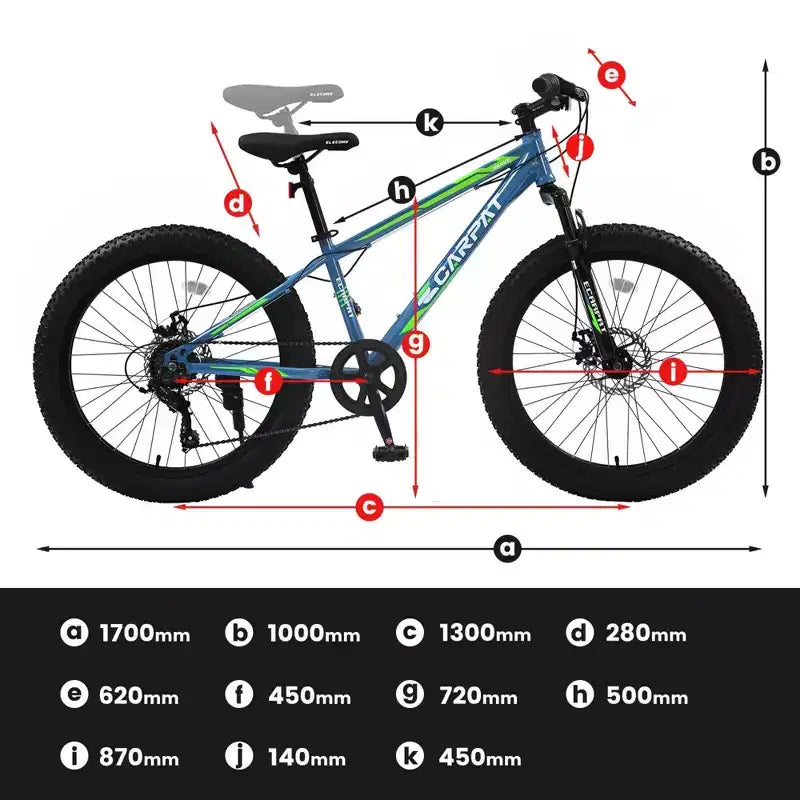 NAYSAYE Vélo VTT à Pneus Larges 24 Pouces avec Dérailleur 7 Vitesses et Double Frein à Disque pour Adultes et Adolescents, Bleu et Vert, 67*25*40