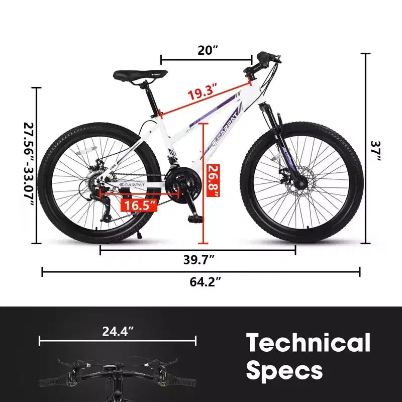 NAYSAYE Vélo VTT 24 pouces avec dérailleur 21 vitesses et double frein à disque pour adolescents et femmes, blanc, 66*24.8*35