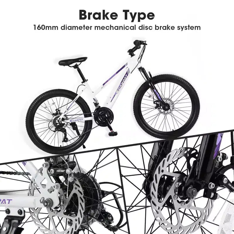 NAYSAYE Vélo VTT 24 pouces avec dérailleur 21 vitesses et double frein à disque pour adolescents et femmes, blanc, 66*24.8*35