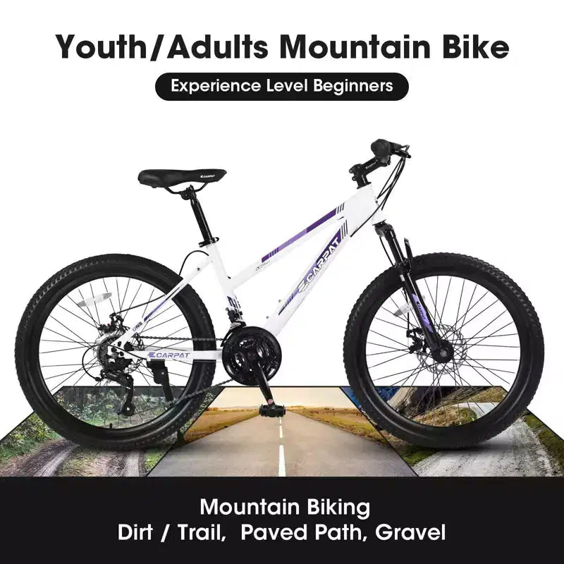 NAYSAYE Vélo VTT 24 pouces avec dérailleur 21 vitesses et double frein à disque pour adolescents et femmes, blanc, 66*24.8*35