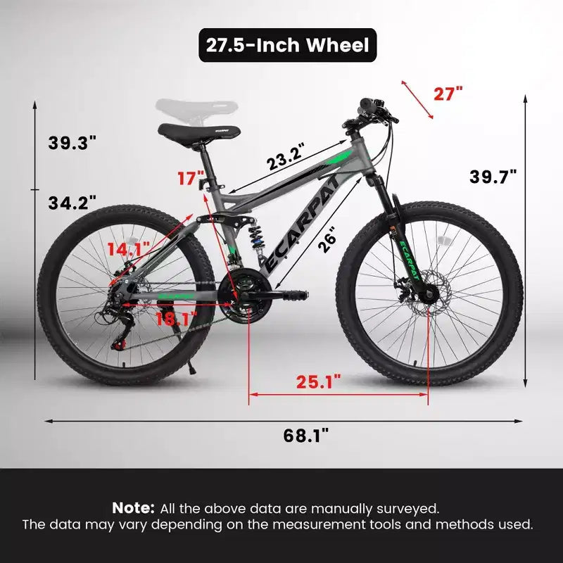 NAYSAYE Bicycle 27.5 Inch Full Suspension Mountain Bike 21 Speed with Dual Shock Absorbers for Men and Women, Gray, 68.1*27*39.7