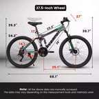 NAYSAYE Bicycle 27.5 Inch Full Suspension Mountain Bike 21 Speed with Dual Shock Absorbers for Men and Women, Gray, 68.1*27*39.7