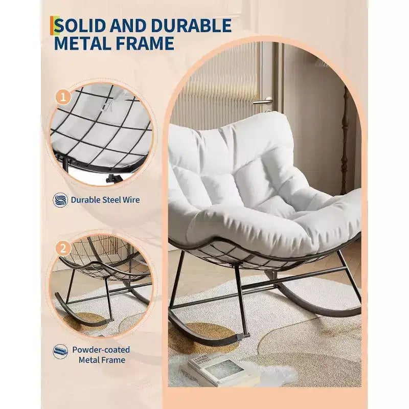 Acekool Outdoor Papasan Rocking Chair, Oversized Egg Rocker with Metal Frame, Rattan Patio Chair