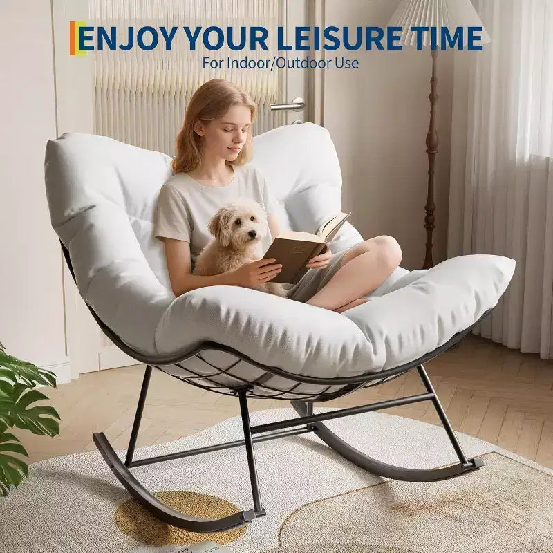 Acekool Outdoor Papasan Rocking Chair, Oversized Egg Rocker with Metal Frame, Rattan Patio Chair