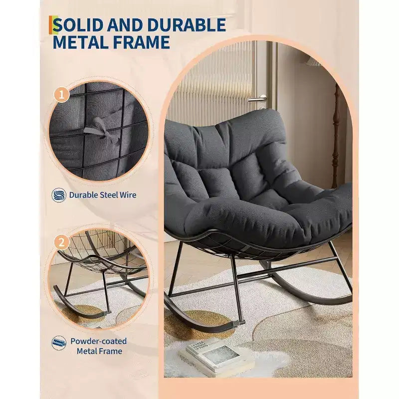 Acekool Outdoor Papasan Rocking Chair, Oversized Egg Rocker with Metal Frame, Rattan Patio Chair