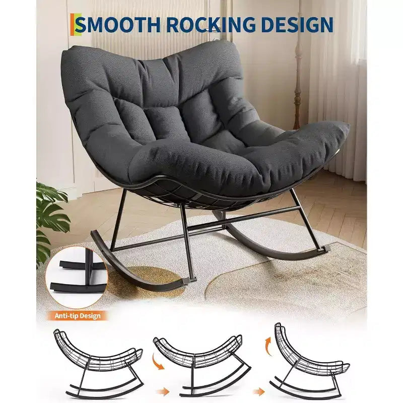 Acekool Outdoor Papasan Rocking Chair, Oversized Egg Rocker with Metal Frame, Rattan Patio Chair