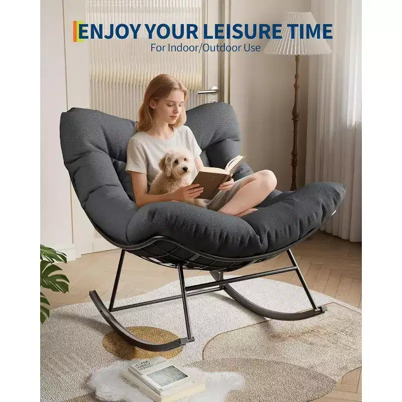 Acekool Outdoor Papasan Rocking Chair, Oversized Egg Rocker with Metal Frame, Rattan Patio Chair