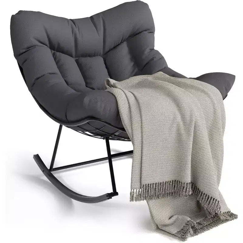 Acekool Outdoor Papasan Rocking Chair, Oversized Egg Rocker with Metal Frame, Rattan Patio Chair