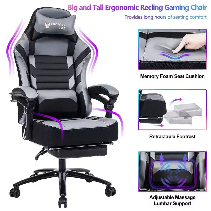 Okak High-Back Gaming Chair, Ergonomic Office Chair with Foldable Footrest, Height-Adjustable Comfy Chair for Study, Gaming Room