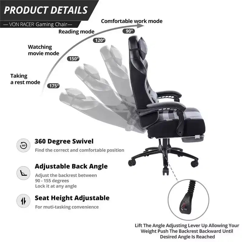 Okak High-Back Gaming Chair, Ergonomic Office Chair with Foldable Footrest, Height-Adjustable Comfy Chair for Study, Gaming Room
