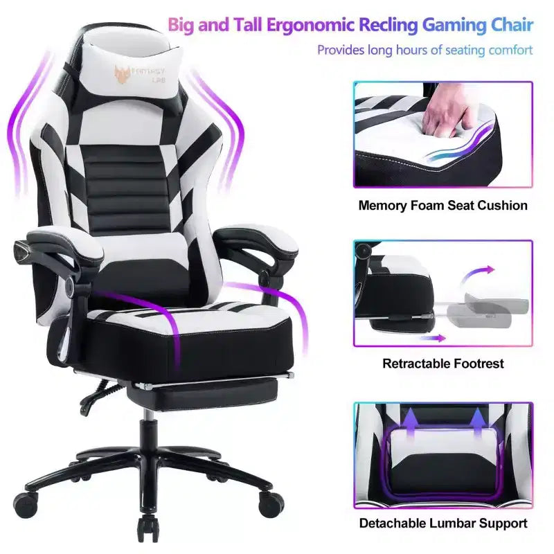 Okak High-Back Gaming Chair, Ergonomic Office Chair with Foldable Footrest, Height-Adjustable Comfy Chair for Study, Gaming Room
