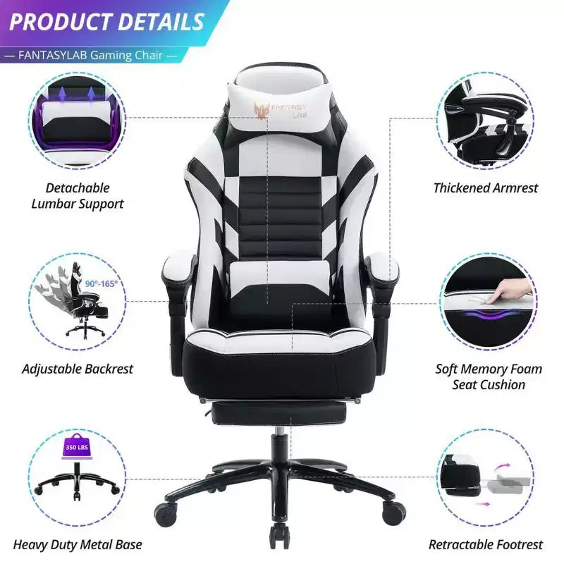Okak High-Back Gaming Chair, Ergonomic Office Chair with Foldable Footrest, Height-Adjustable Comfy Chair for Study, Gaming Room