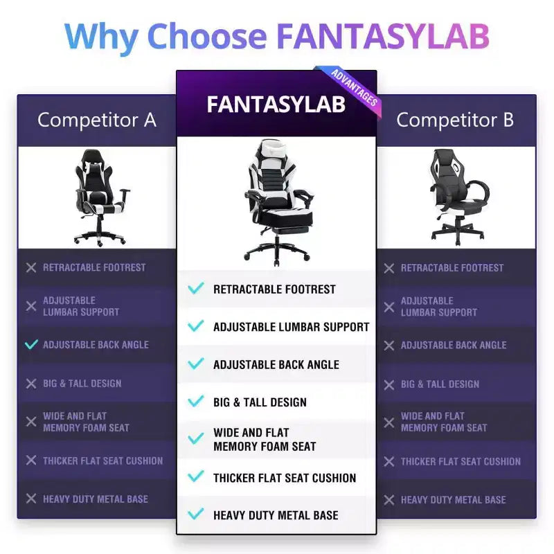 Okak High-Back Gaming Chair, Ergonomic Office Chair with Foldable Footrest, Height-Adjustable Comfy Chair for Study, Gaming Room